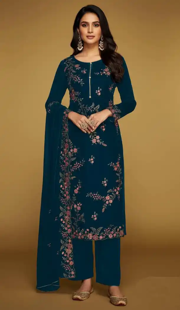 Teal Blue Velvet Pakistani Suit with Embroidery Work – 216080