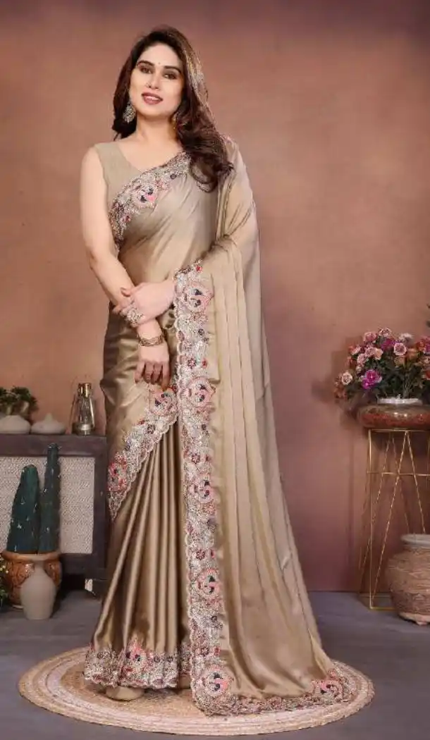 Light Brown Crush Silk Saree with Embroidery Work - 217486