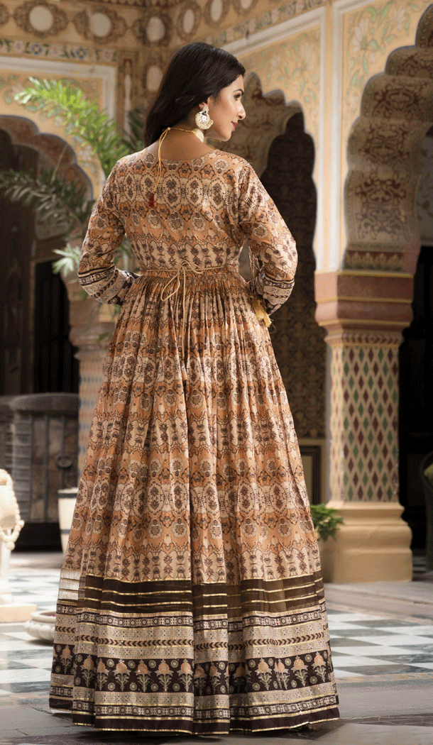 Cream Color Dola Silk Printed Work Readymade Anarkali Style Salwar Suit - 8287181620