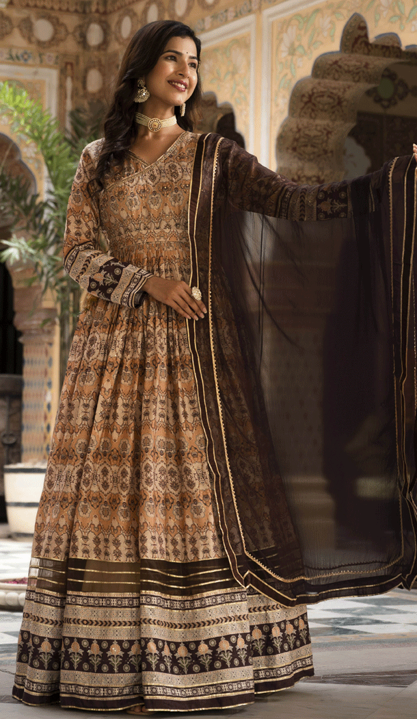 Cream Color Dola Silk Printed Work Readymade Anarkali Style Salwar Suit - 8287181620