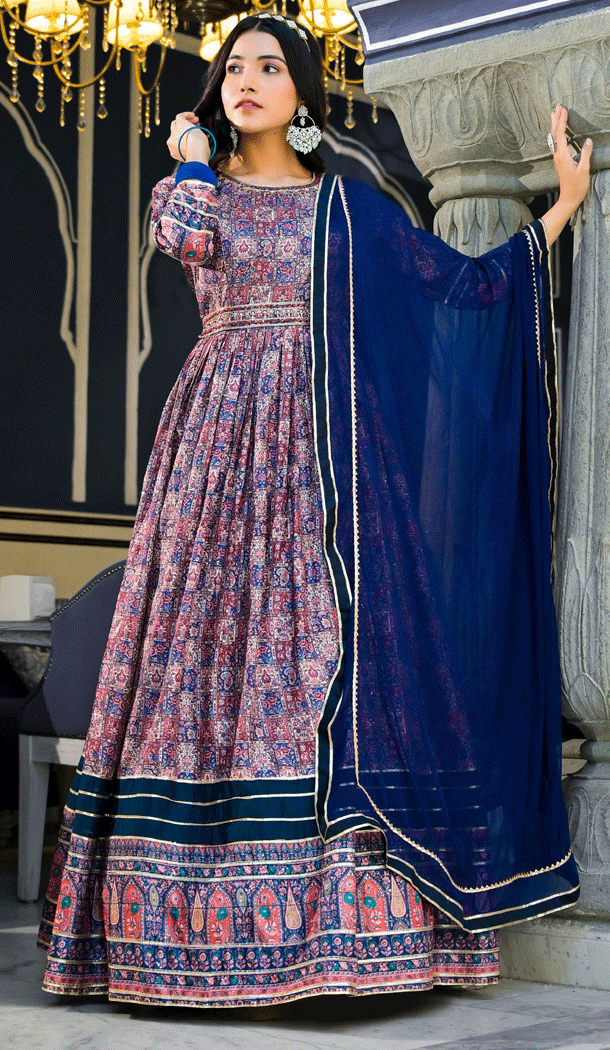 Blue Color Dola Silk Printed Work Readymade Anarkali Style Salwar Suit - 8287181621