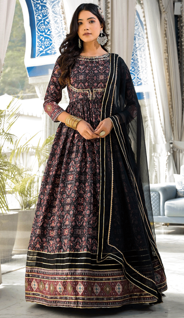 Black Color Dola Silk Printed Work Readymade Anarkali Style Salwar Suit - 8287181622