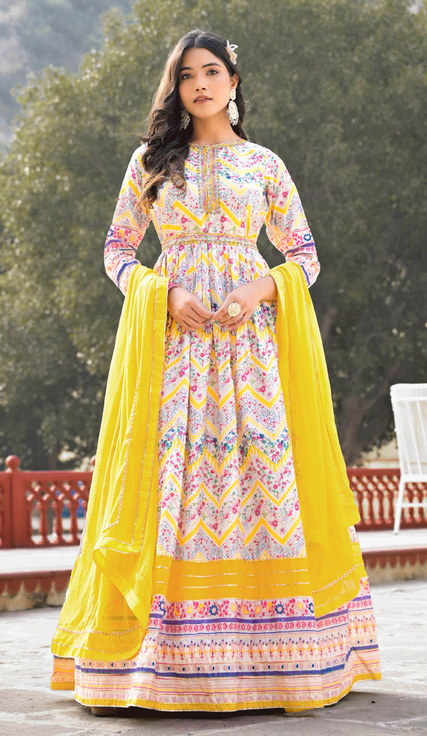 Off White Color Dola Silk Printed Work Readymade Anarkali Style Salwar Suit - 8287181623