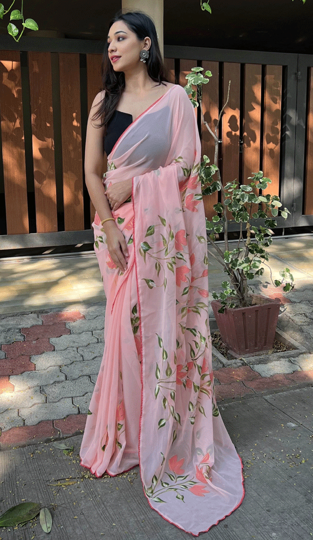 Georgette Brush Printed And Foil Work Peach Casual Party Wear Saree - 8301181689