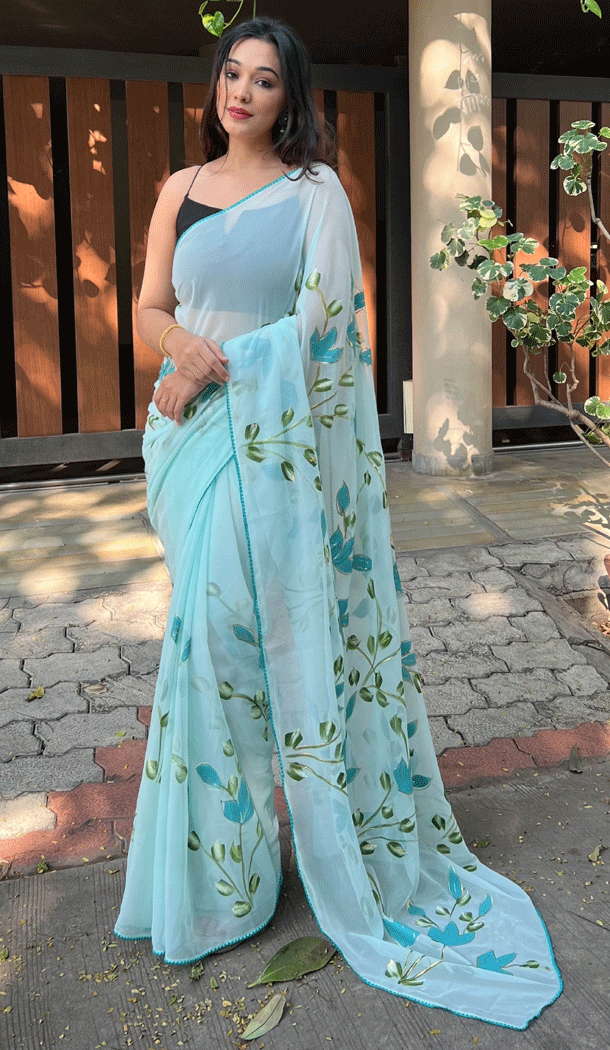 Georgette Brush Printed And Foil Work Sky Casual Party Wear Saree - 8301181690