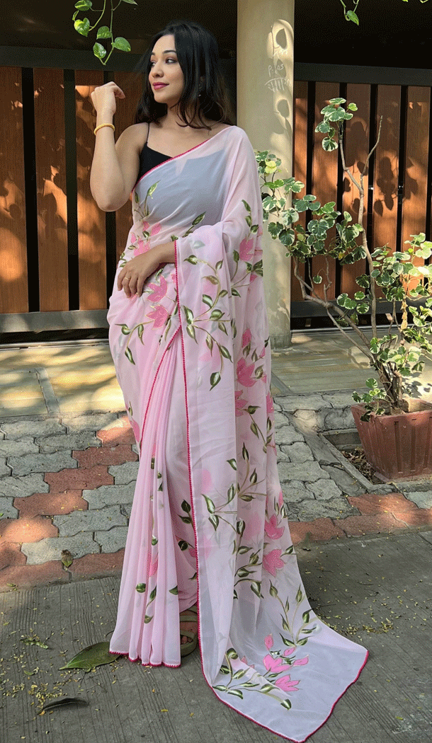 Georgette Brush Printed And Foil Work Pink Casual Party Wear Saree - 8301181691