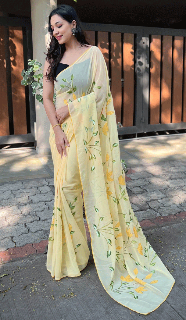 Georgette Brush Printed And Foil Work Yellow Casual Party Wear Saree - 8301181692