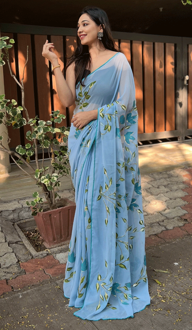 Georgette Brush Printed And Foil Work Blue Casual Party Wear Saree - 8301181693