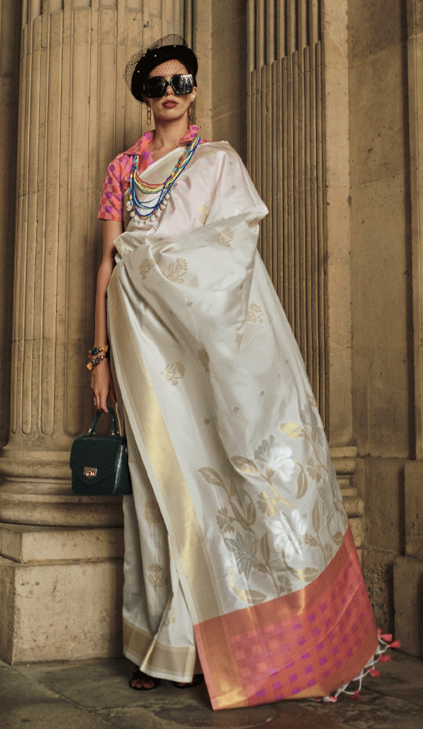 Function Wear Soft Silk Printed With Weaving Work Casual Saree In White - 8304181706