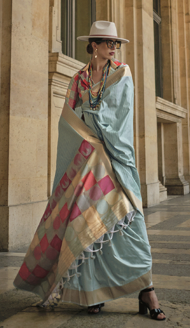Function Wear Soft Silk Printed With Weaving Work Casual Saree In Sky - 8304181708