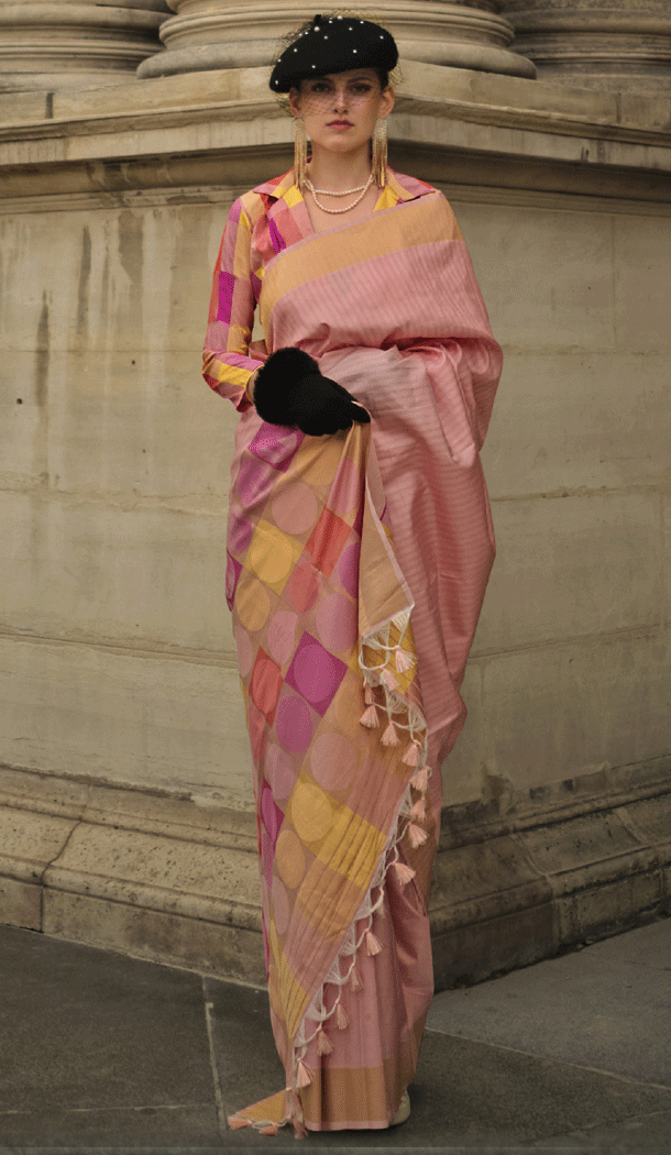 Function Wear Soft Silk Printed With Weaving Work Casual Saree In Peach Pink - 8304181709