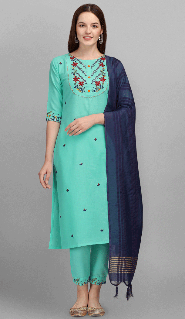 Embroidered Cotton Casual Wear Readymade Salwar Kameez In Firozi - 8309181725