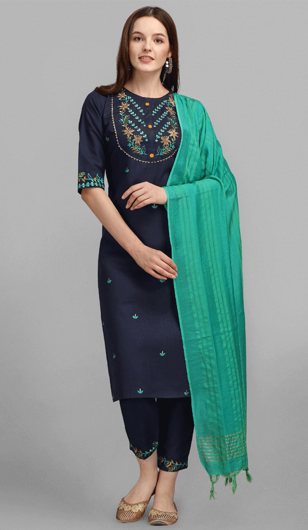 Embroidered Cotton Casual Wear Readymade Salwar Kameez In Navy Blue - 8309181728