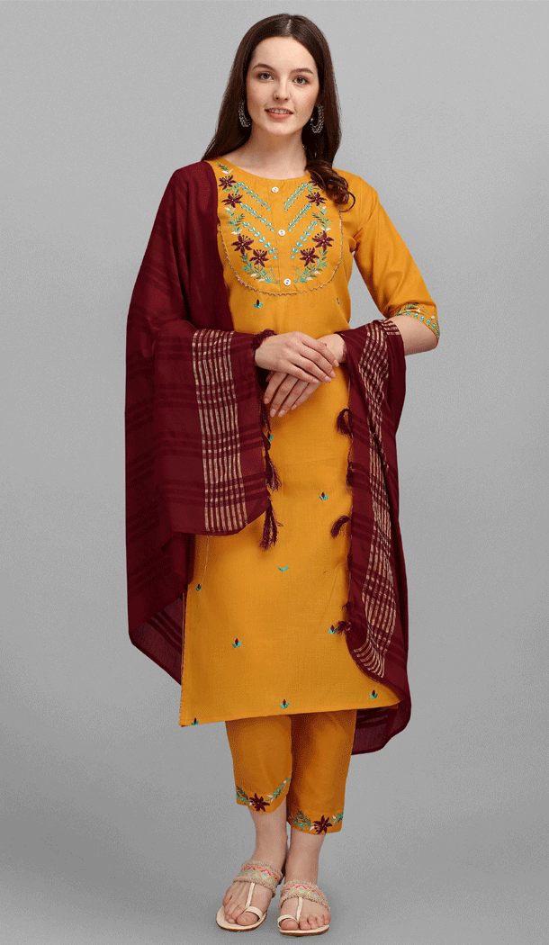Embroidered Cotton Casual Wear Readymade Salwar Kameez In Mustard - 8309181729