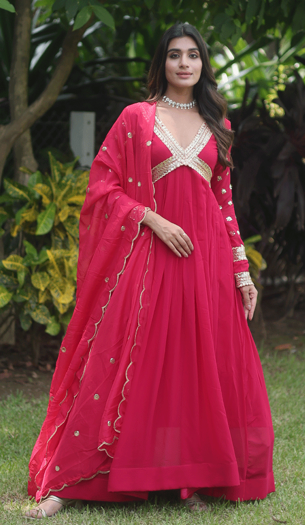 Faux Blooming With Embroidery Work Rani Color Readymade Party Wear Gown - 8313181743