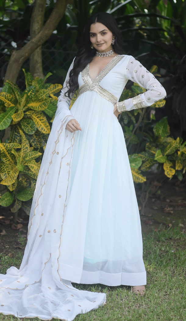 Faux Blooming With Embroidery Work White Color Readymade Party Wear Gown - 8313181744
