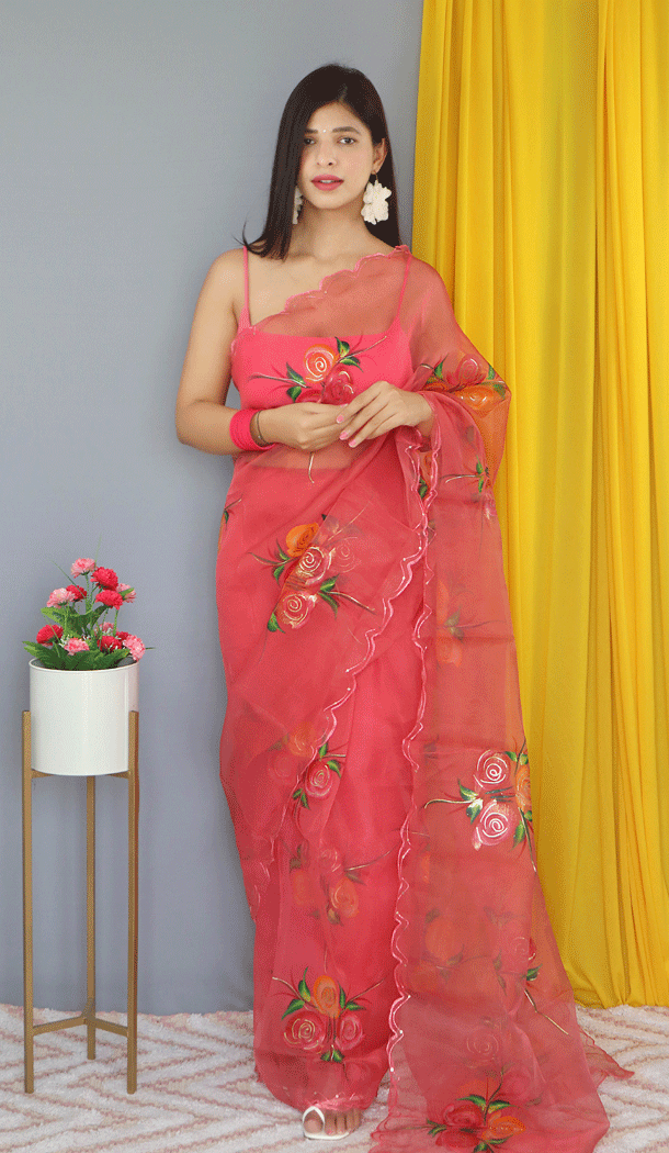 Designer Peach Nylon Organza Foil Print Work Party Wear Saree - 8314181745