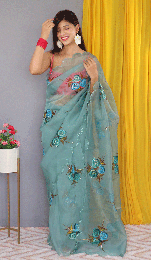 Designer Blue Nylon Organza Foil Print Work Party Wear Saree - 8314181746
