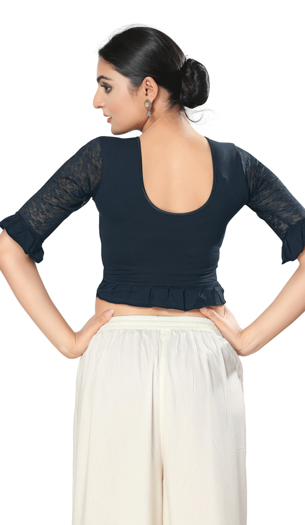 Readymade Plain Cotton Lycra Navy Blue Designer Festival Party Wear Blouse - 8316181755