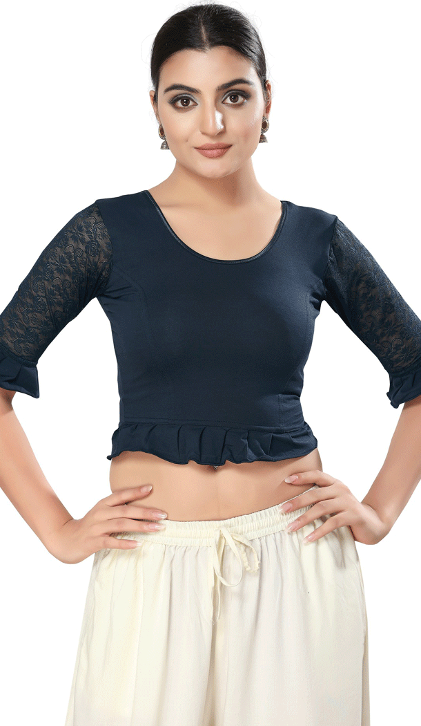 Readymade Plain Cotton Lycra Navy Blue Designer Festival Party Wear Blouse - 8316181755