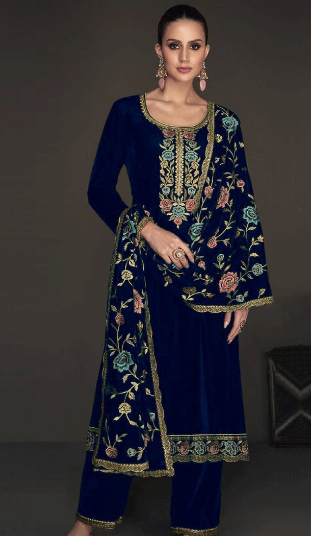 Party Wear Velvet Embroidery Work Pakistani Salwar Kameez In Blue - 8318181762