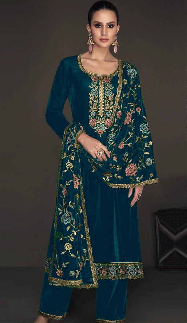 Party Wear Velvet Embroidery Work Pakistani Salwar Kameez In Rama - 8318181764