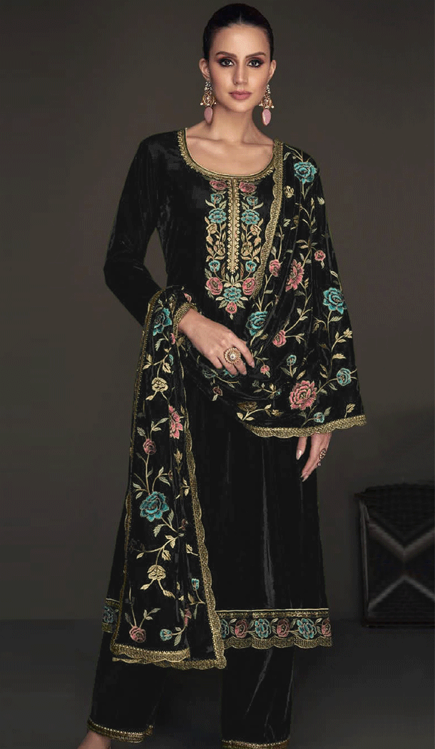 Party Wear Velvet Embroidery Work Pakistani Salwar Kameez In Black - 8318181765