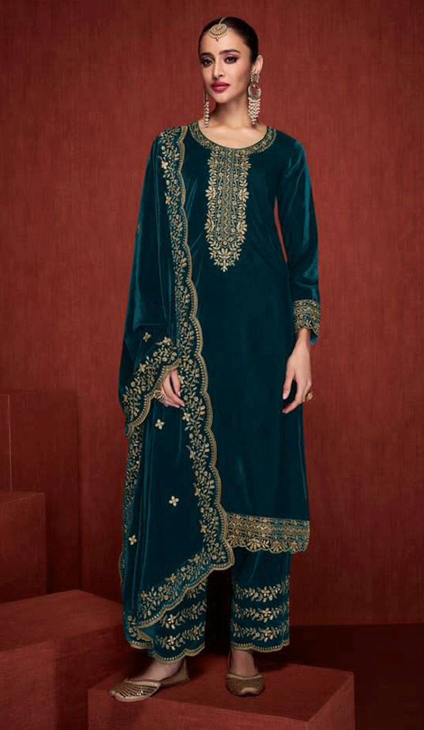 Rama Blue Color Velvet Embroidery Work Designer Party Wear Salwar Suit - 8319181766