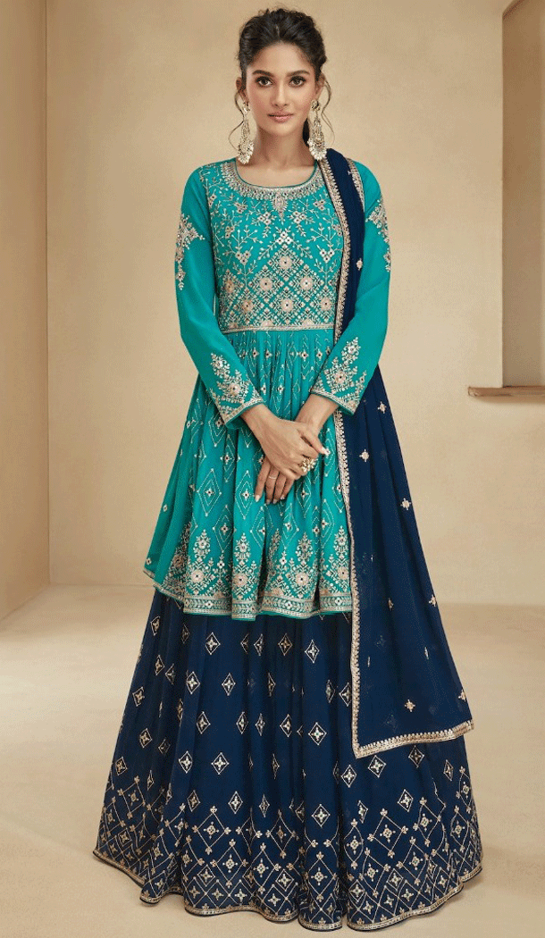 Blooming Georgette Embroidered Sky Color Wedding Wear Designer Salwar Suit - 8320181770