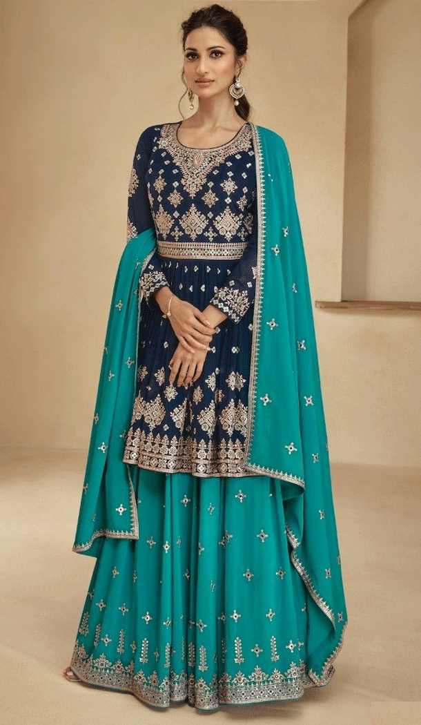 Blooming Georgette Embroidered Blue Color Wedding Wear Designer Salwar Suit - 8320181772