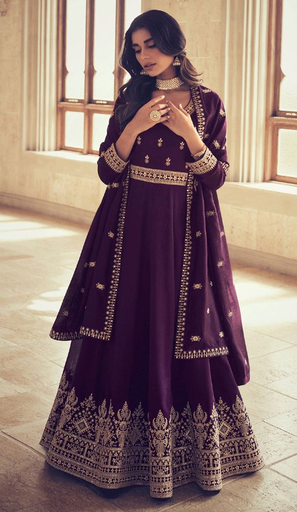 Designer Party Wear Embroidery Work Premium Silk Anarkali Salwar Suit In Purple - 832181778