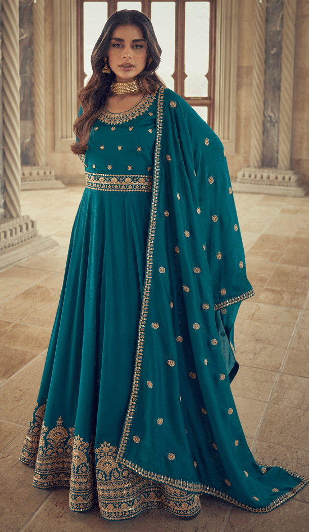 Designer Party Wear Embroidery Work Premium Silk Anarkali Salwar Suit In Aqua Blue - 832181779