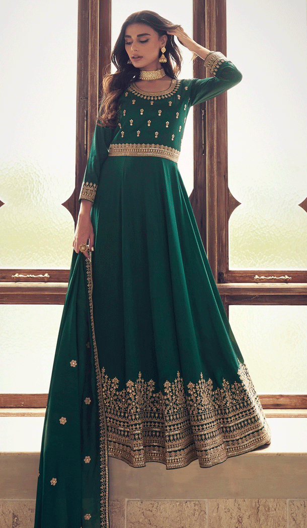 Designer Party Wear Embroidery Work Premium Silk Anarkali Salwar Suit In Green - 832181781