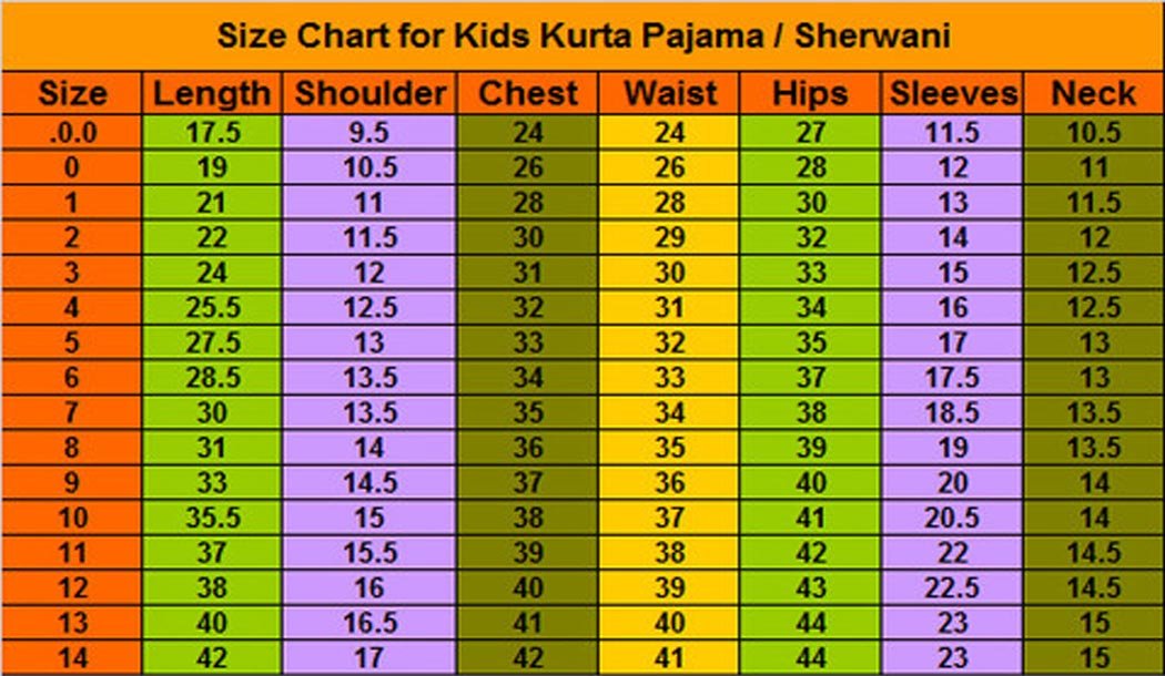 Women's, Men's Kurta Clothing Size/Sizing Chart online Heenastyle Heena Style